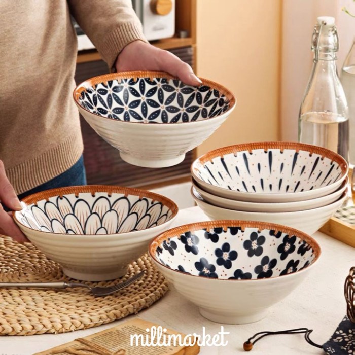 Aya RAMEN bowl D-20CM / ceramic Rice bowl aesthetic flower Motifs aesthetic flower leaf lotus ...
